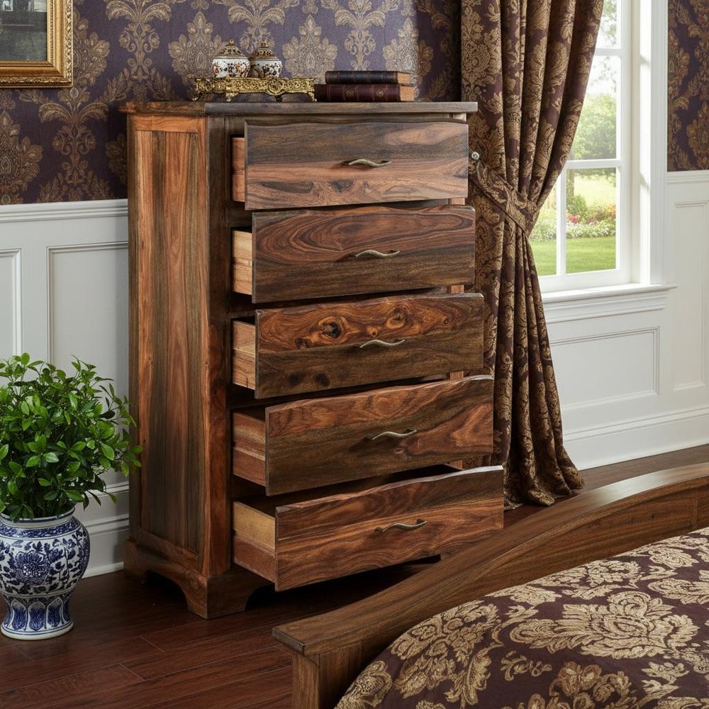 36" Dark Brown Solid Wood Five Drawer Chest