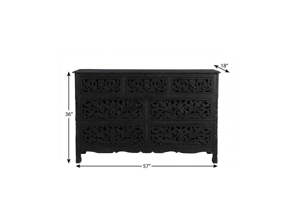57" Black Solid Wood Seven Drawer Dresser