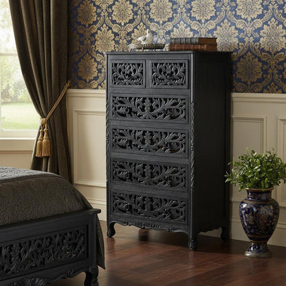35" Black Solid Wood Six Drawer Chest