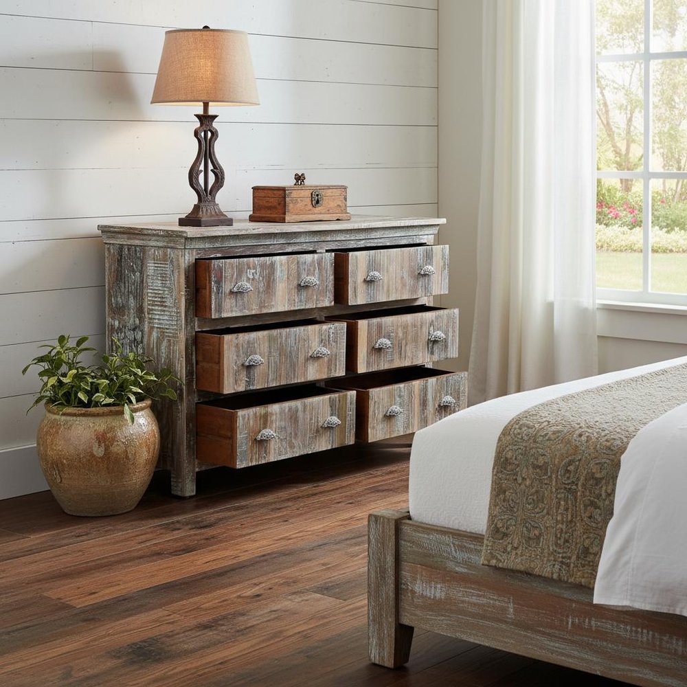 60" White Solid Wood Six Drawer Double Dresser