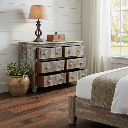 60" White Solid Wood Six Drawer Double Dresser