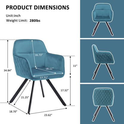 Tufted Blue And Black Velvet and Metal Dining Arm Chair