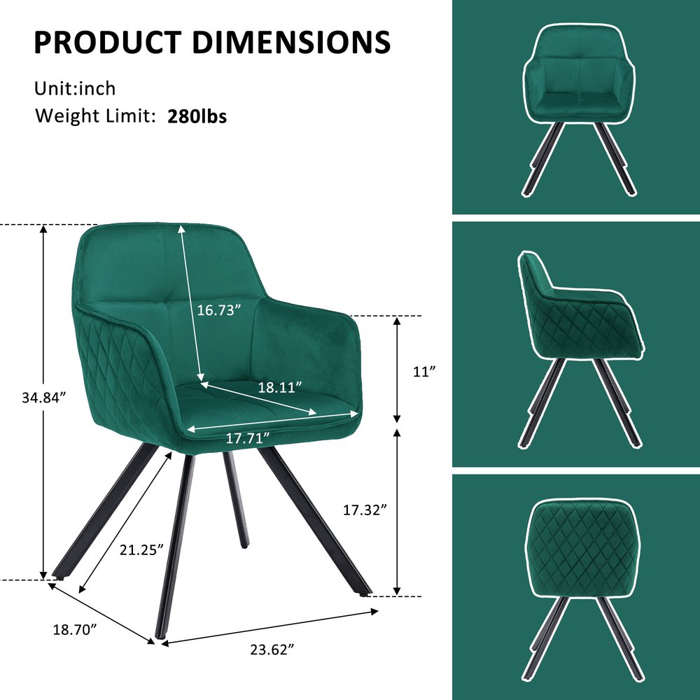 Tufted Green And Black Velvet and Metal Dining Arm Chair