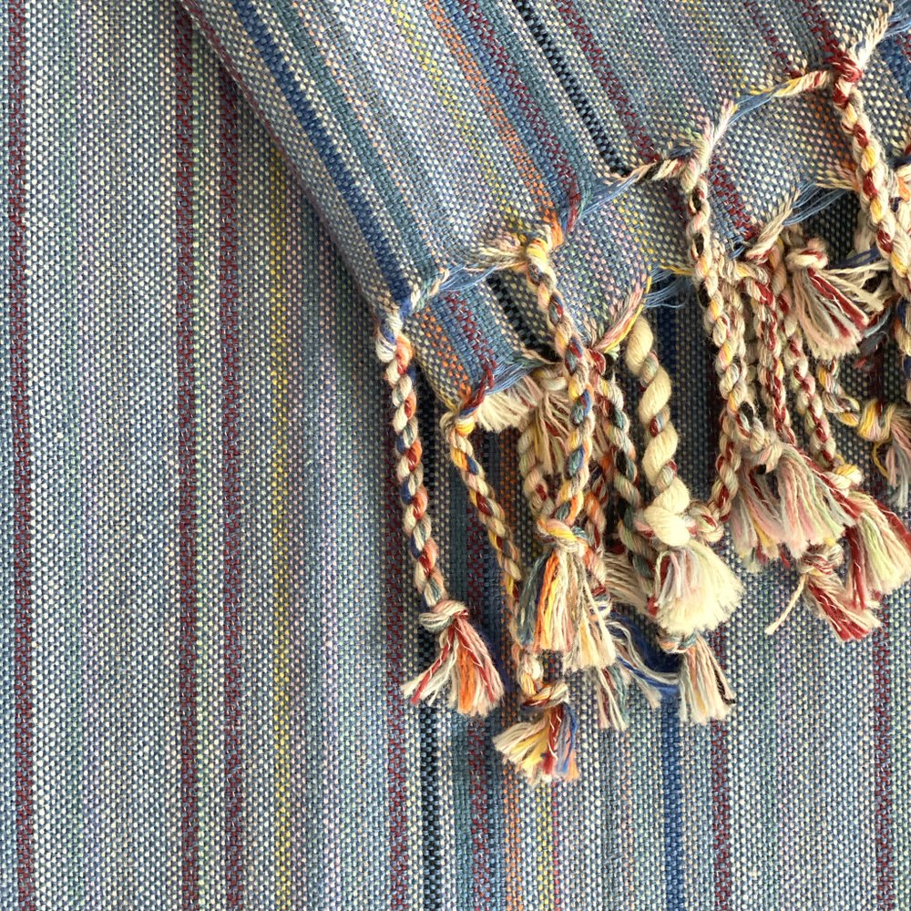 39" X 71" Indigo Cotton Plain Weave Striped Turkish Towel Throw Blanket with Tassels