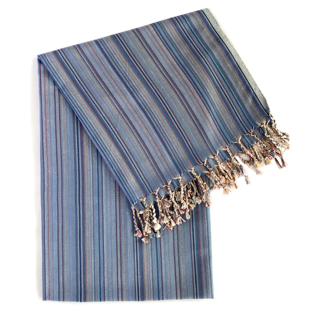 39" X 71" Indigo Cotton Plain Weave Striped Turkish Towel Throw Blanket with Tassels