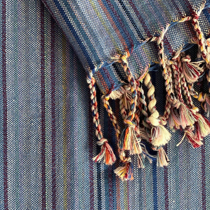 39" X 71" Indigo Cotton Plain Weave Striped Turkish Towel Throw Blanket with Tassels