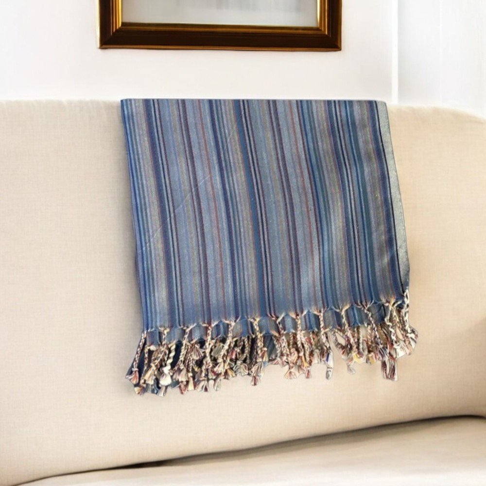 39" X 71" Indigo Cotton Plain Weave Striped Turkish Towel Throw Blanket with Tassels