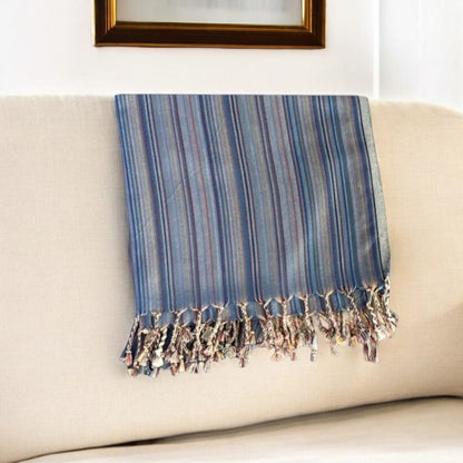 39" X 71" Indigo Cotton Plain Weave Striped Turkish Towel Throw Blanket with Tassels