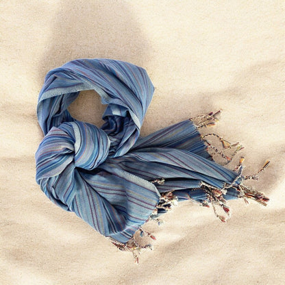 39" X 71" Indigo Cotton Plain Weave Striped Turkish Towel Throw Blanket with Tassels