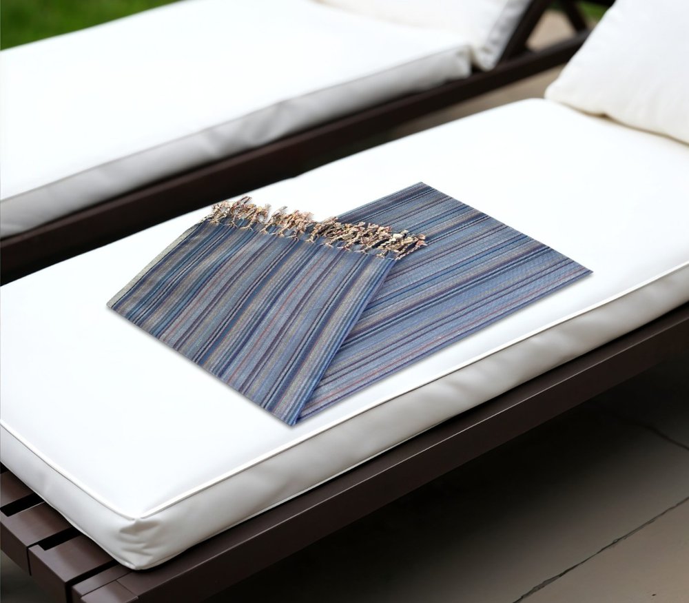 39" X 71" Indigo Cotton Plain Weave Striped Turkish Towel Throw Blanket with Tassels