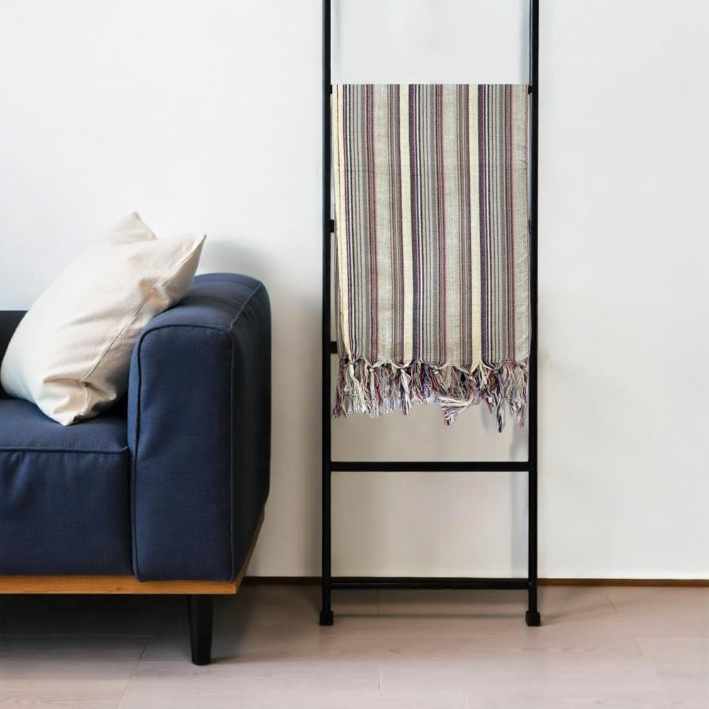 39" X 71" Gray Cotton Plain Weave Striped Turkish Towel Throw Blanket with Tassels