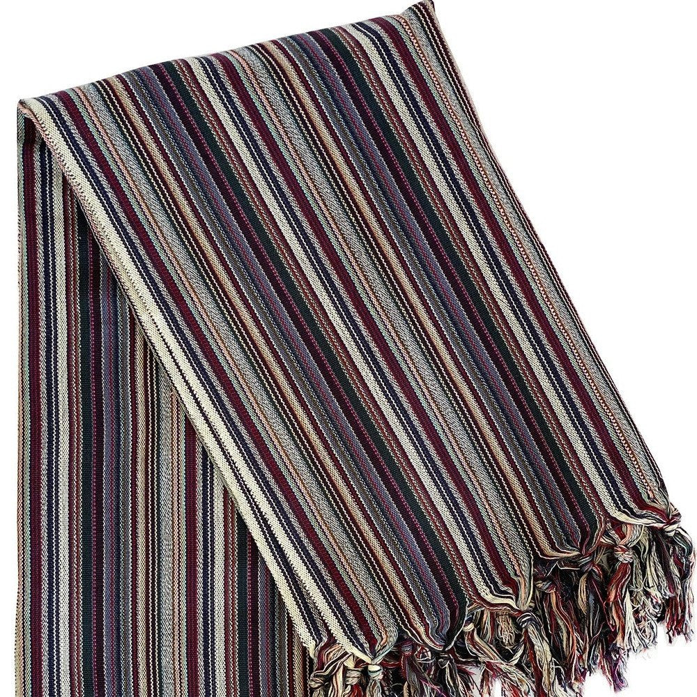 39" X 71" Beige and Indigo Cotton Striped Turkish Towel Throw Blanket with Tassels