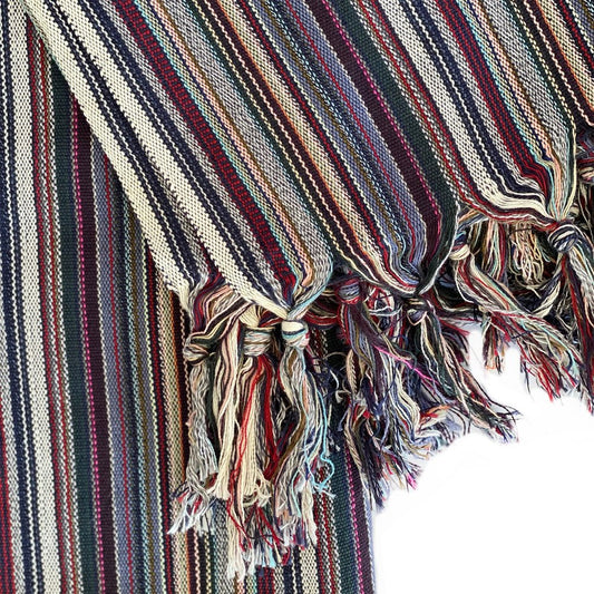 39" X 71" Beige and Indigo Cotton Striped Turkish Towel Throw Blanket with Tassels