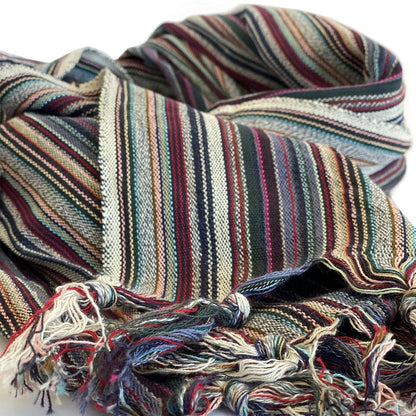 39" X 71" Beige and Indigo Cotton Striped Turkish Towel Throw Blanket with Tassels