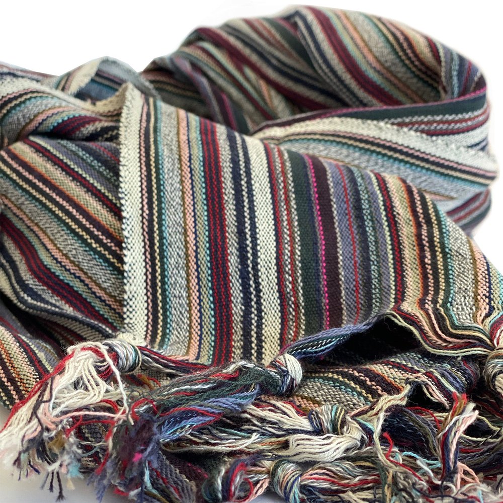 39" X 71" Beige and Indigo Cotton Striped Turkish Towel Throw Blanket with Tassels