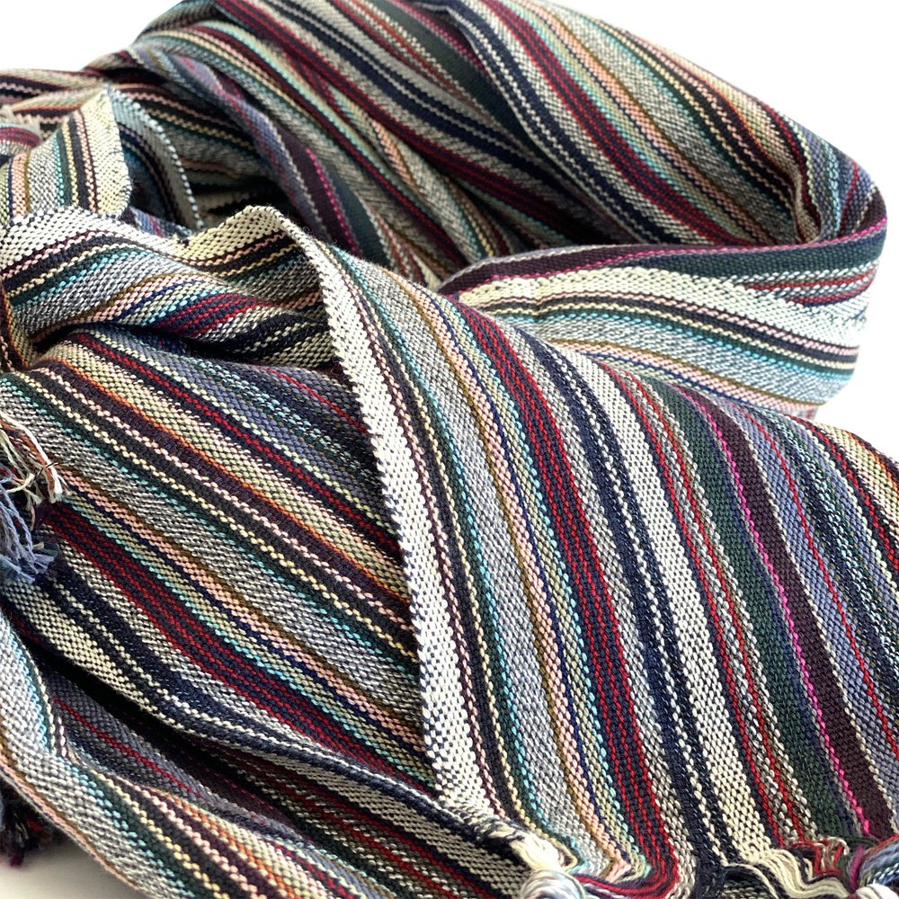 39" X 71" Beige and Indigo Cotton Striped Turkish Towel Throw Blanket with Tassels