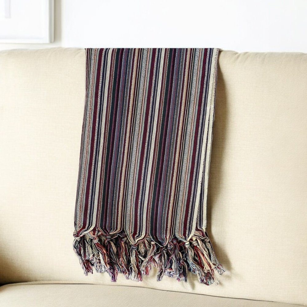 39" X 71" Beige and Indigo Cotton Striped Turkish Towel Throw Blanket with Tassels