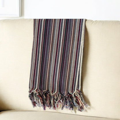 39" X 71" Beige and Indigo Cotton Striped Turkish Towel Throw Blanket with Tassels