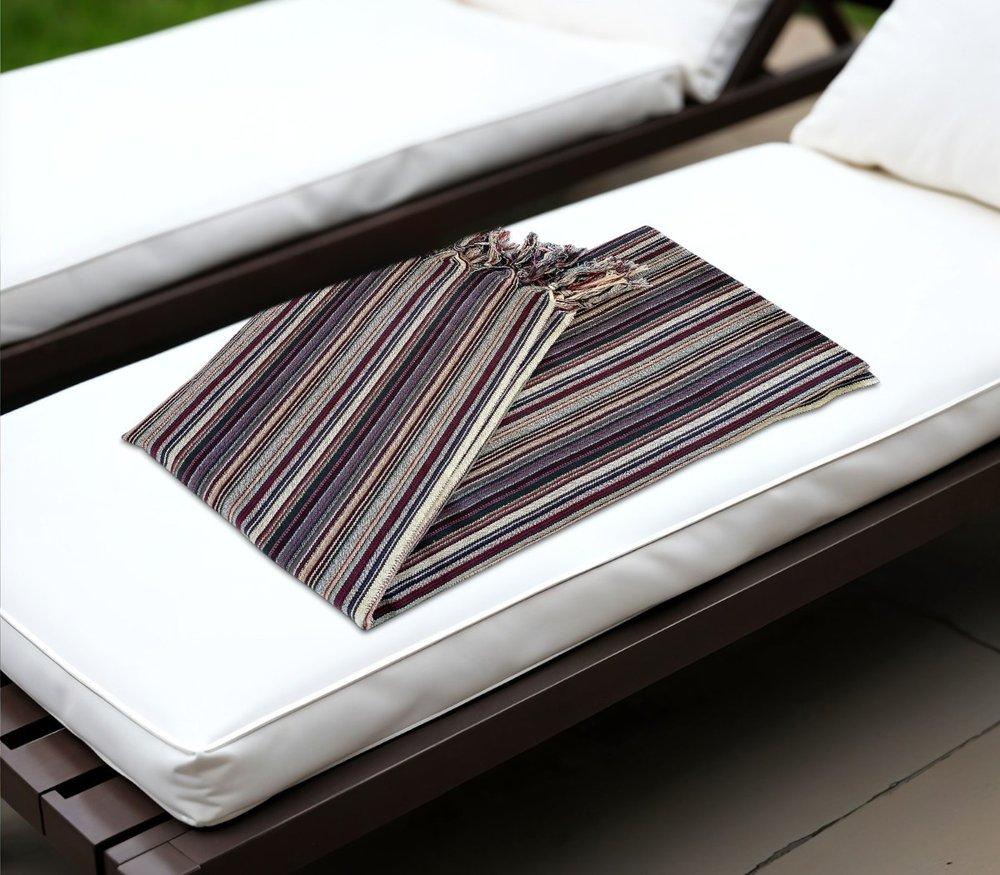 39" X 71" Beige and Indigo Cotton Striped Turkish Towel Throw Blanket with Tassels