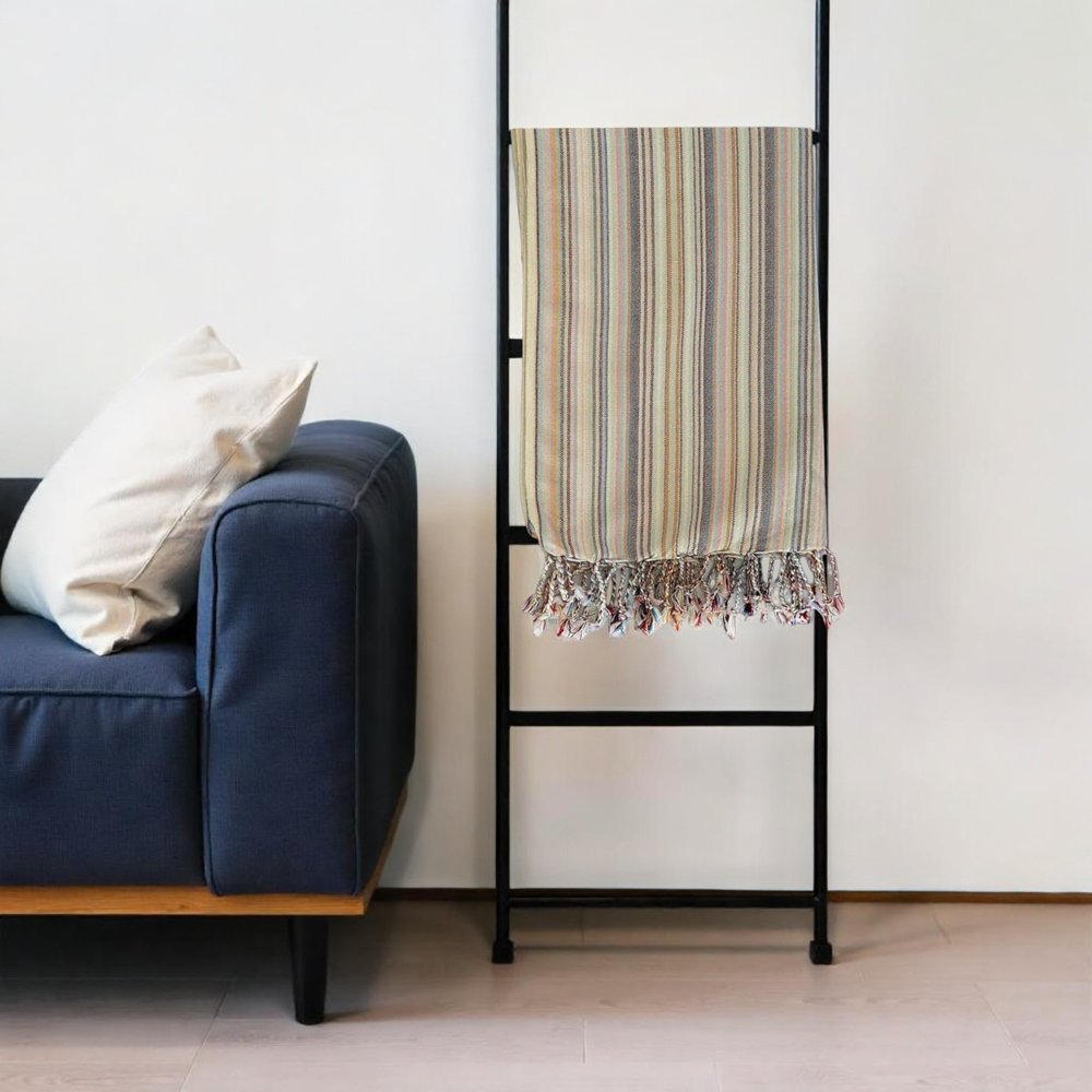 39" X 71" Beige and Pink Cotton Striped Turkish Towel Throw Blanket with Tassels