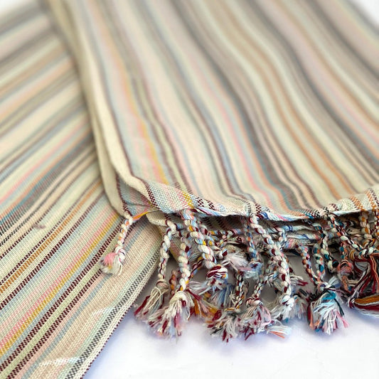 39" X 71" Beige and Pink Cotton Striped Turkish Towel Throw Blanket with Tassels