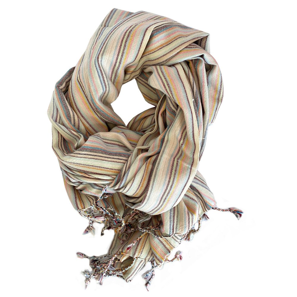 39" X 71" Beige and Pink Cotton Striped Turkish Towel Throw Blanket with Tassels