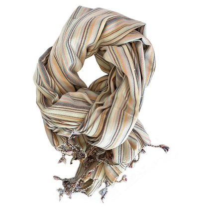 39" X 71" Beige and Pink Cotton Striped Turkish Towel Throw Blanket with Tassels