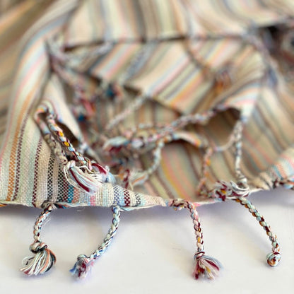 39" X 71" Beige and Pink Cotton Striped Turkish Towel Throw Blanket with Tassels