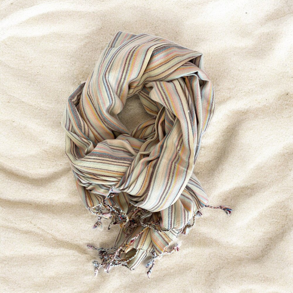 39" X 71" Beige and Pink Cotton Striped Turkish Towel Throw Blanket with Tassels