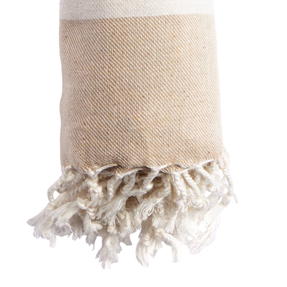 59" X 71" Beige and Ivory Cotton Striped Turkish Towel Throw Blanket with Tassels