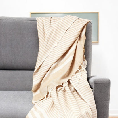 59" X 71" Beige and Ivory Cotton Striped Turkish Towel Throw Blanket with Tassels