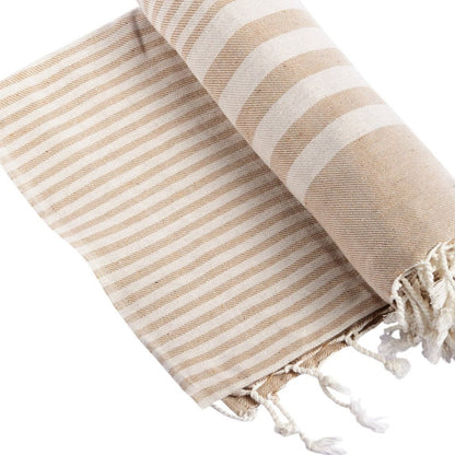 59" X 71" Beige and Ivory Cotton Striped Turkish Towel Throw Blanket with Tassels