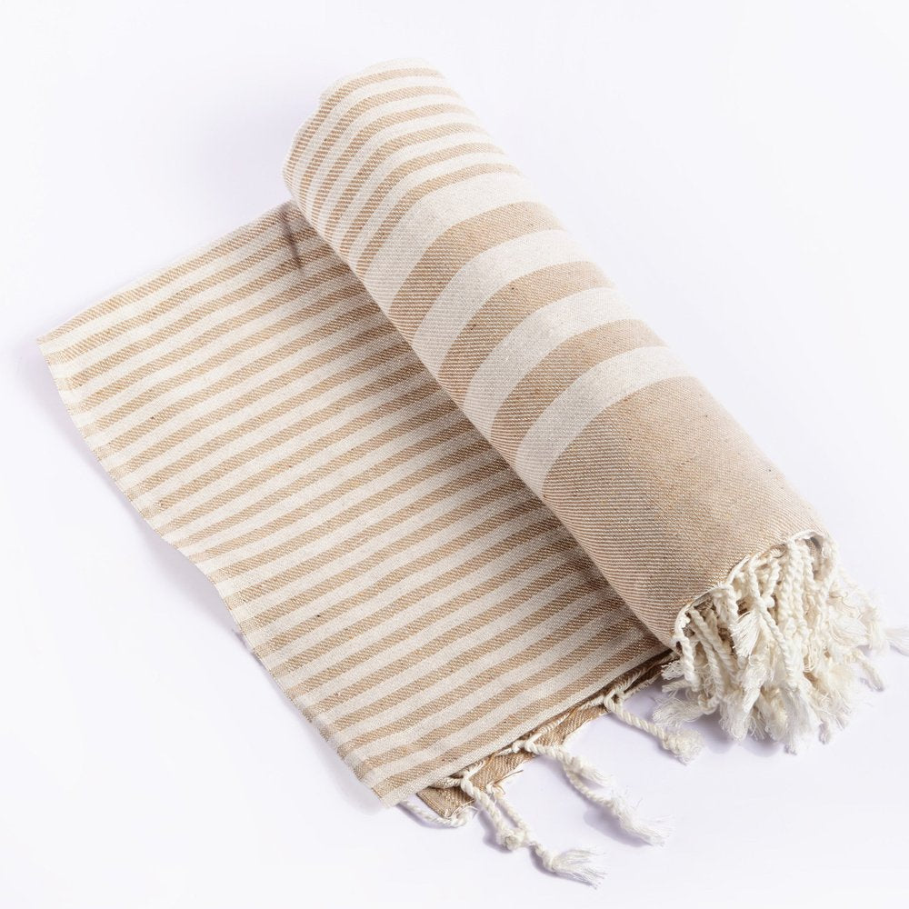 59" X 71" Beige and Ivory Cotton Striped Turkish Towel Throw Blanket with Tassels
