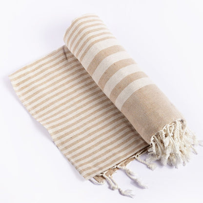 59" X 71" Beige and Ivory Cotton Striped Turkish Towel Throw Blanket with Tassels