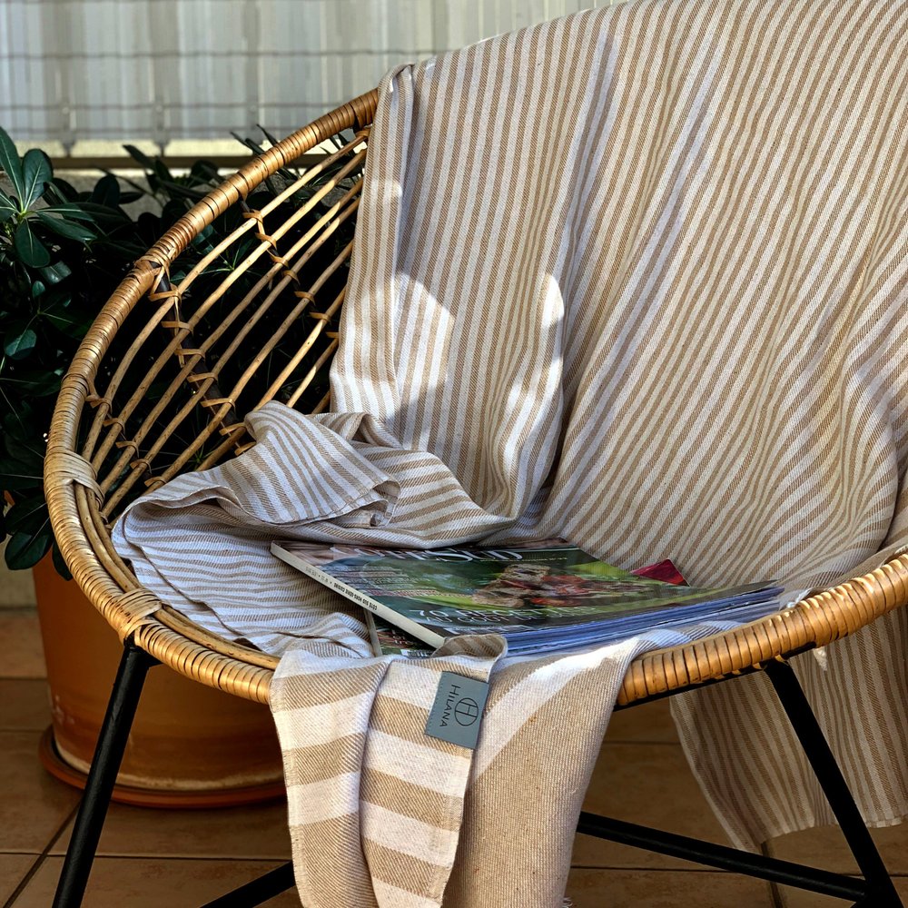 59" X 71" Beige and Ivory Cotton Striped Turkish Towel Throw Blanket with Tassels