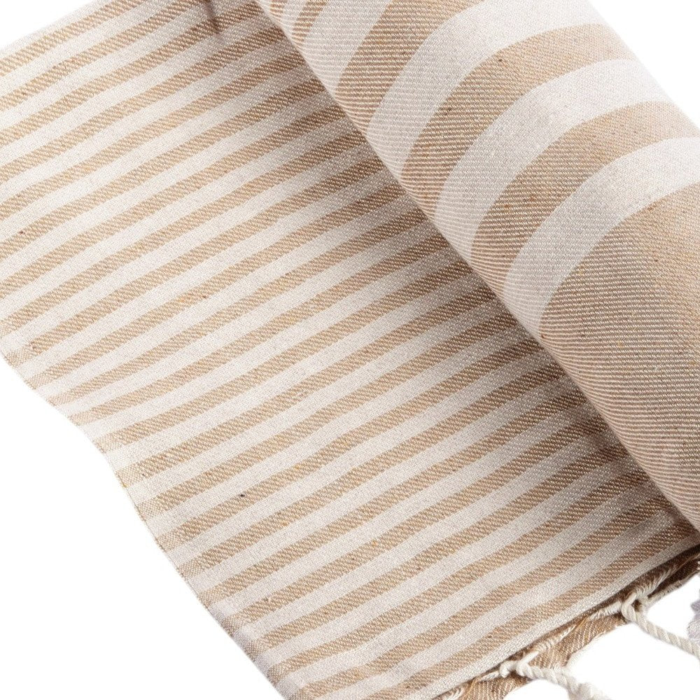 59" X 71" Beige and Ivory Cotton Striped Turkish Towel Throw Blanket with Tassels