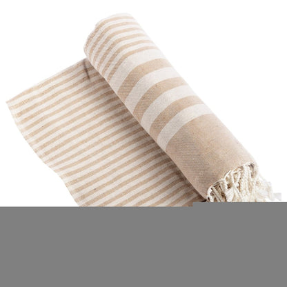 59" X 71" Beige and Ivory Cotton Striped Turkish Towel Throw Blanket with Tassels