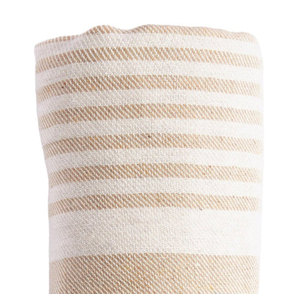 59" X 71" Beige and Ivory Cotton Striped Turkish Towel Throw Blanket with Tassels