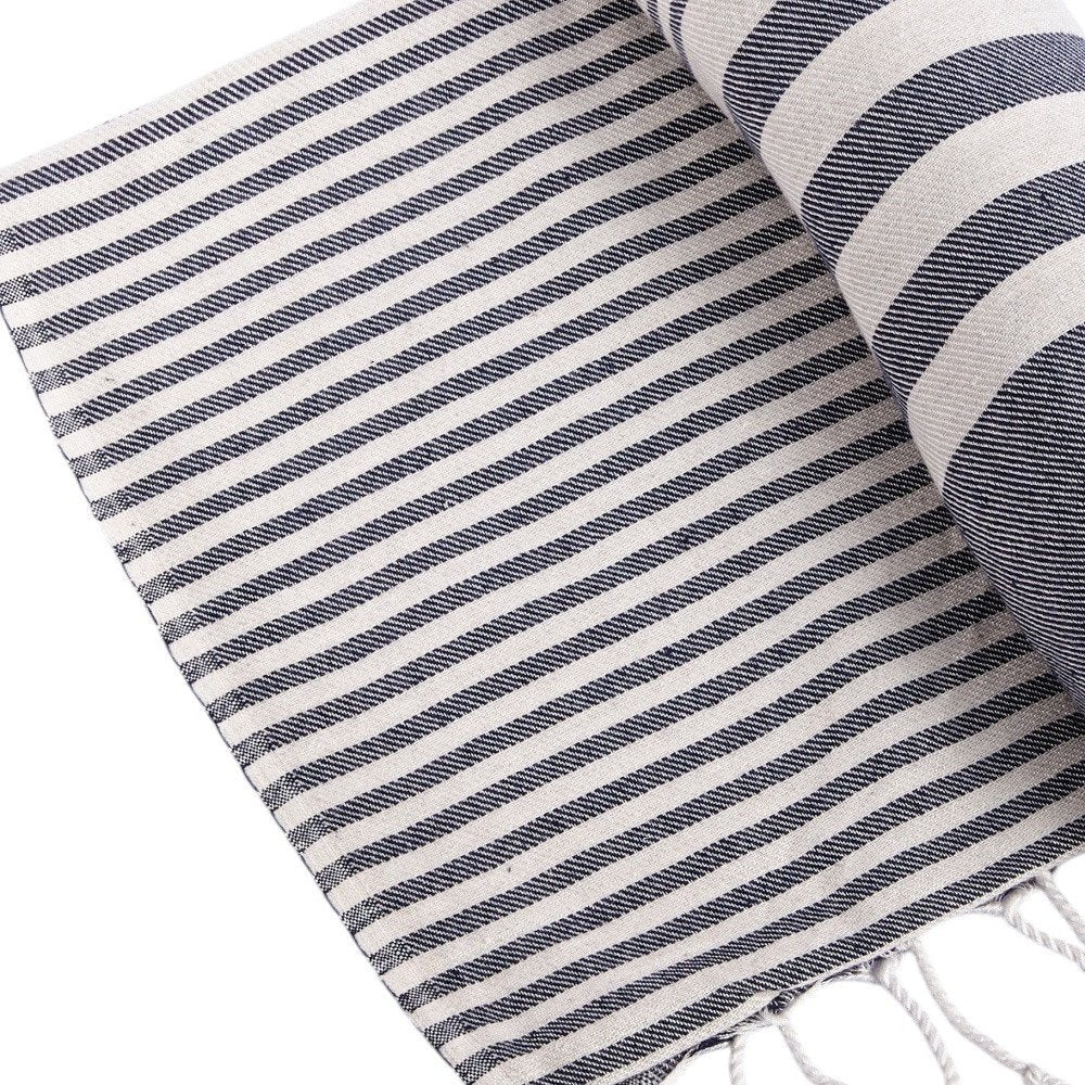 59" X 71" Blue and White Cotton Plain Weave Striped Throw Blanket with Tassels