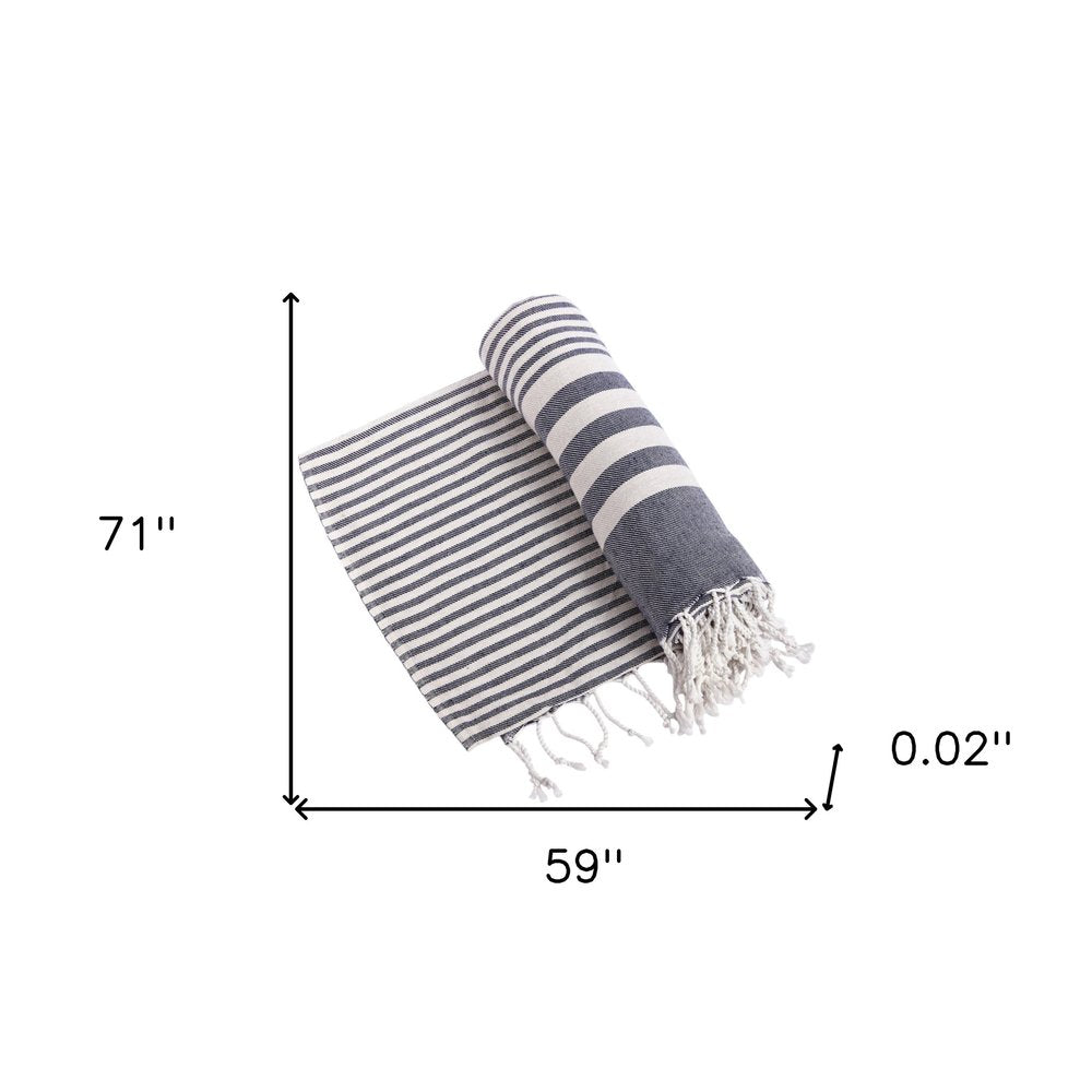 59" X 71" Blue and White Cotton Plain Weave Striped Throw Blanket with Tassels