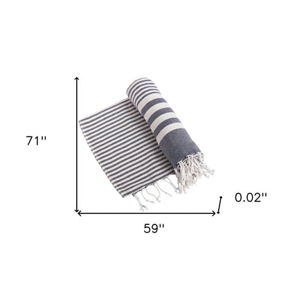 59" X 71" Blue and White Cotton Plain Weave Striped Throw Blanket with Tassels