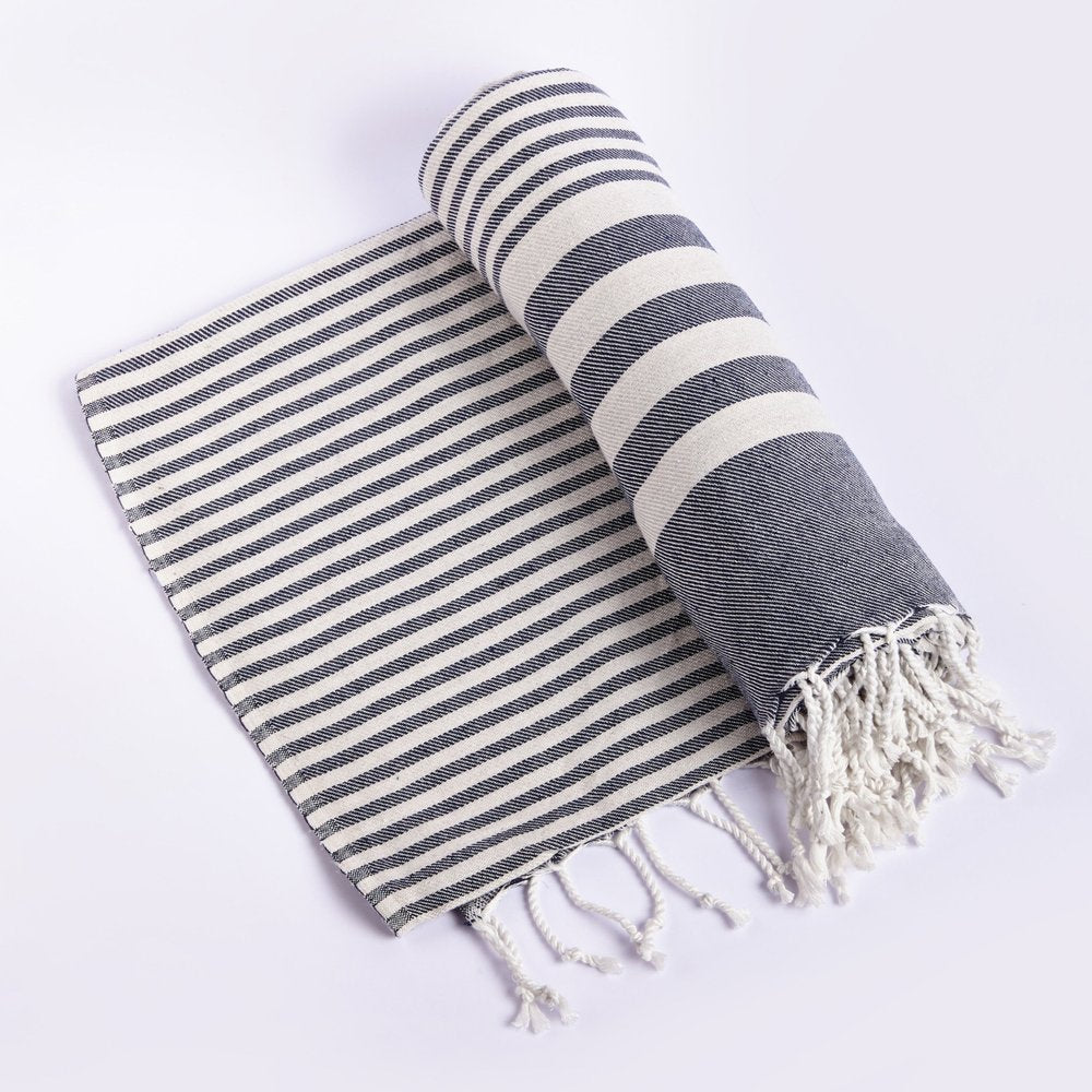 59" X 71" Blue and White Cotton Plain Weave Striped Throw Blanket with Tassels