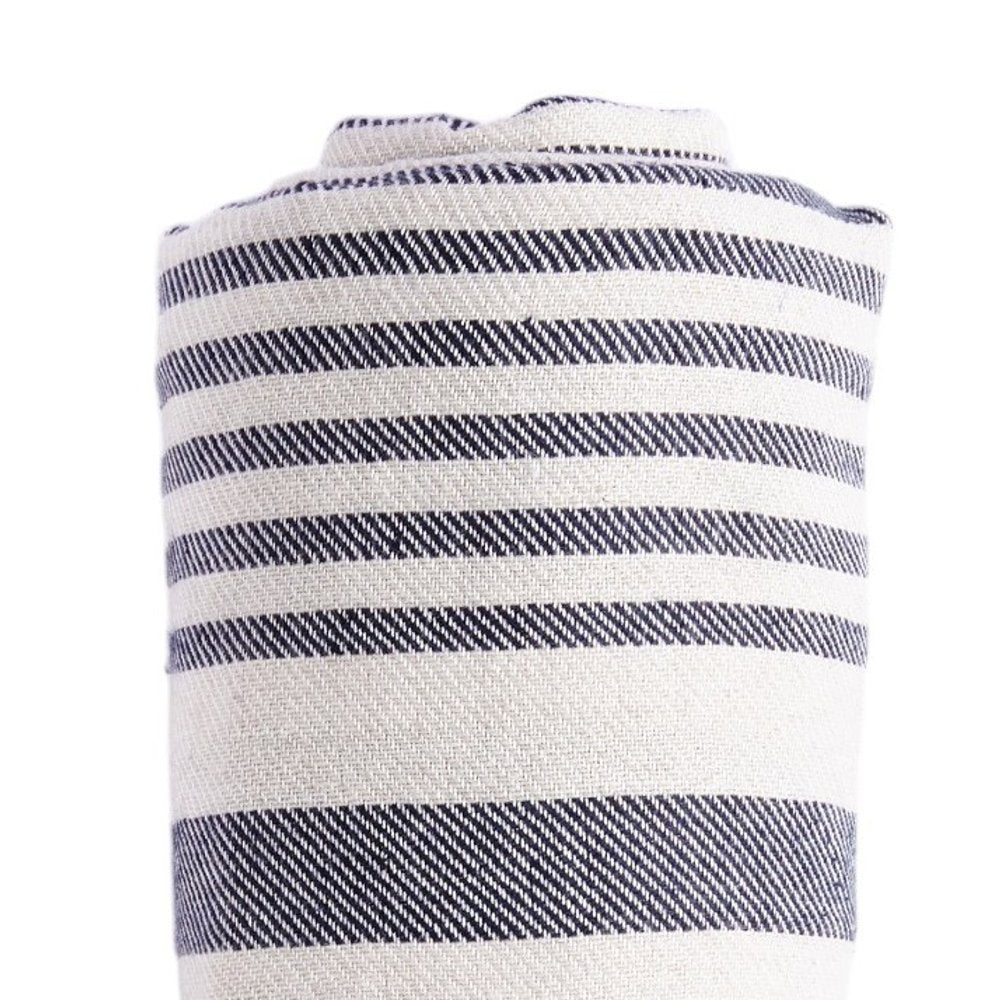 59" X 71" Blue and White Cotton Plain Weave Striped Throw Blanket with Tassels