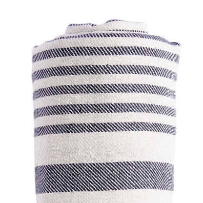 59" X 71" Blue and White Cotton Plain Weave Striped Throw Blanket with Tassels