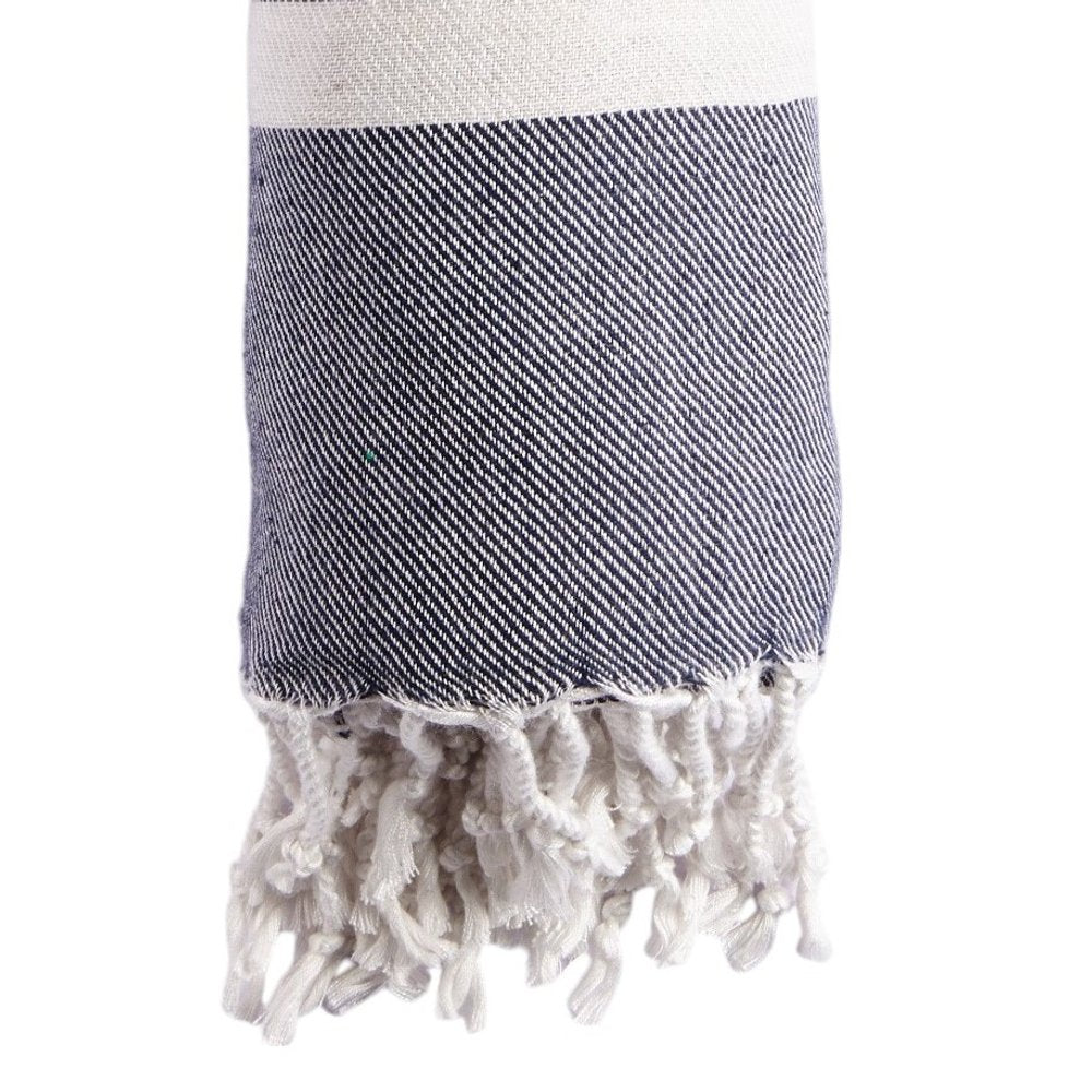 59" X 71" Blue and White Cotton Plain Weave Striped Throw Blanket with Tassels