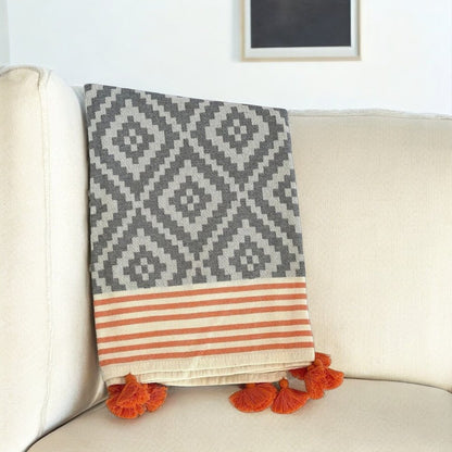 39" X 71" Gray and Orange Cotton Geometric Turkish Towel Throw Blanket with Tassels