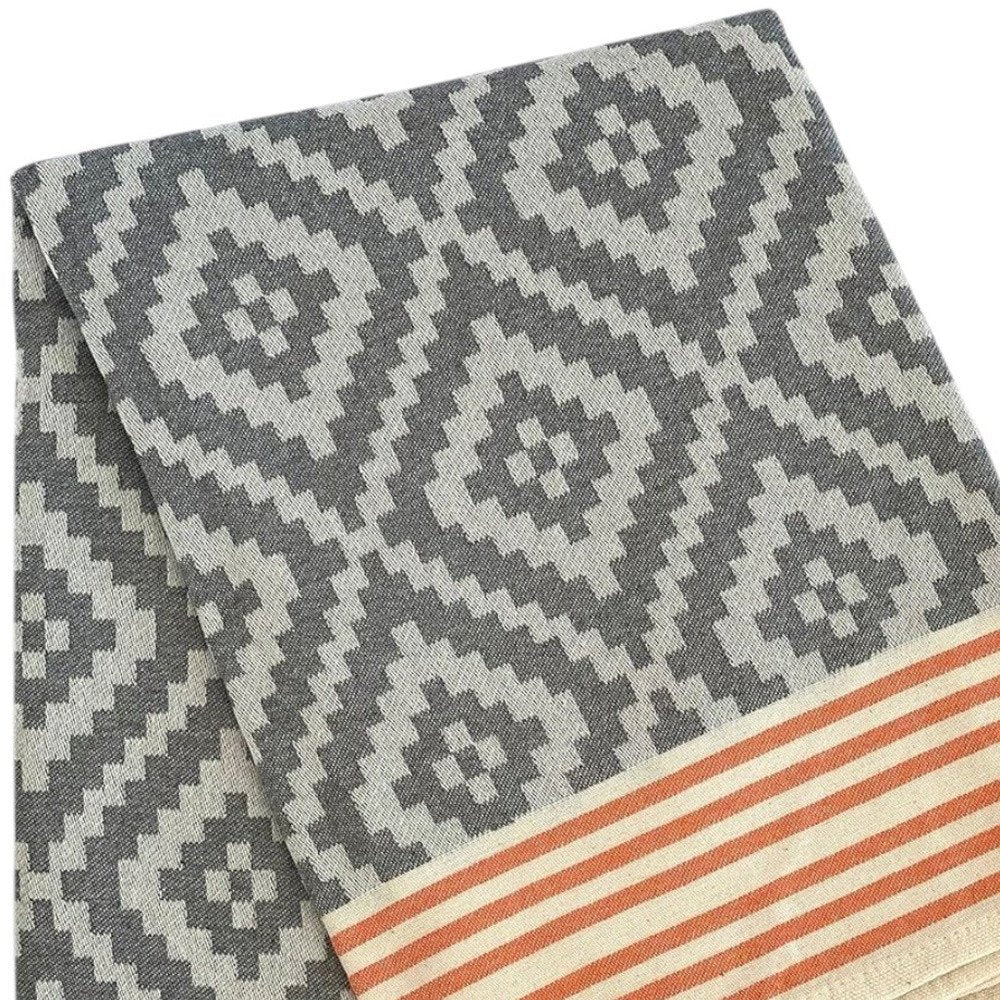 39" X 71" Gray and Orange Cotton Geometric Turkish Towel Throw Blanket with Tassels
