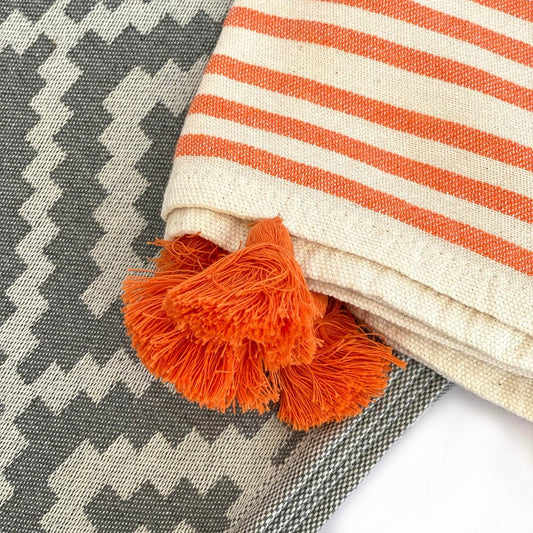 39" X 71" Gray and Orange Cotton Geometric Turkish Towel Throw Blanket with Tassels