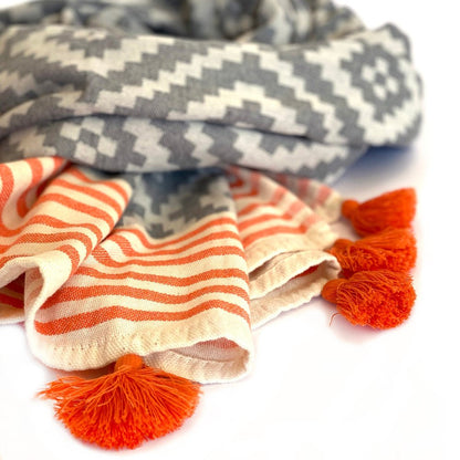 39" X 71" Gray and Orange Cotton Geometric Turkish Towel Throw Blanket with Tassels