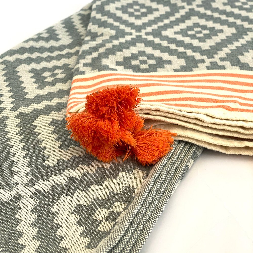 39" X 71" Gray and Orange Cotton Geometric Turkish Towel Throw Blanket with Tassels